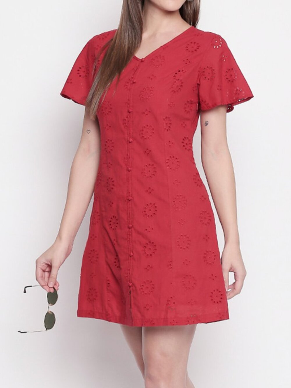 Honey Red Eyelet Embroidered Button Front Mini Dress Boho Cottagecore Summer M